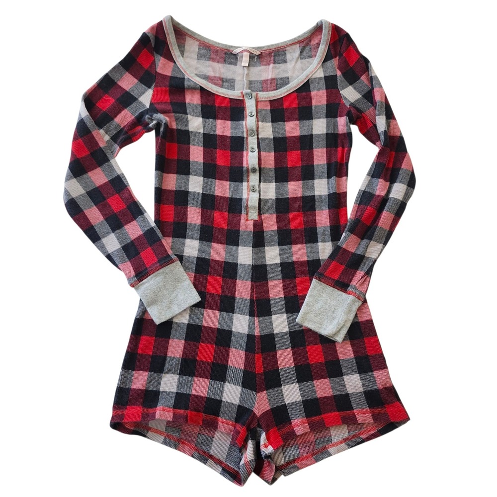Victoria's Secret Fireside Thermal Plaid Long Sleeve Romper Onesie Pajamas Small